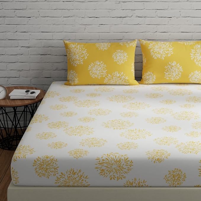 Huesland by Ahmedabad Cotton 144 TC King Size Bedsheet Cotton with 2 Pillow Covers | White & Yellow