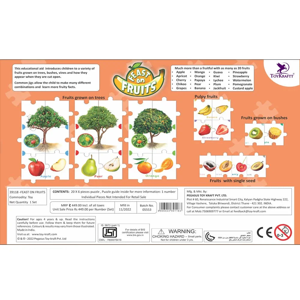 Toykraft Puzzles for Kids for Age 5-7, Educational Toys, Jigsaw Puzzles for Kids, 6 Piece Puzzle for Kids - Feast on Fruits
