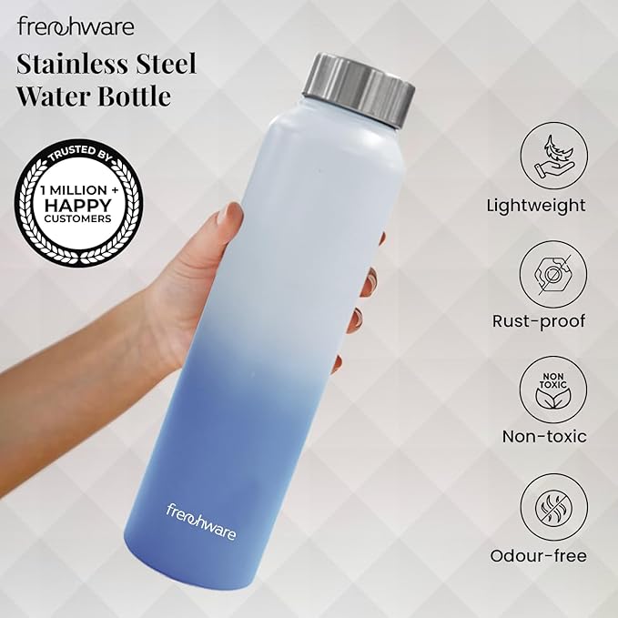 Frenchware Water Bottle 1 Litre, Stainless Steel, Premium SS 304, Ocean Blue & Pearl | Easy-to-Clean