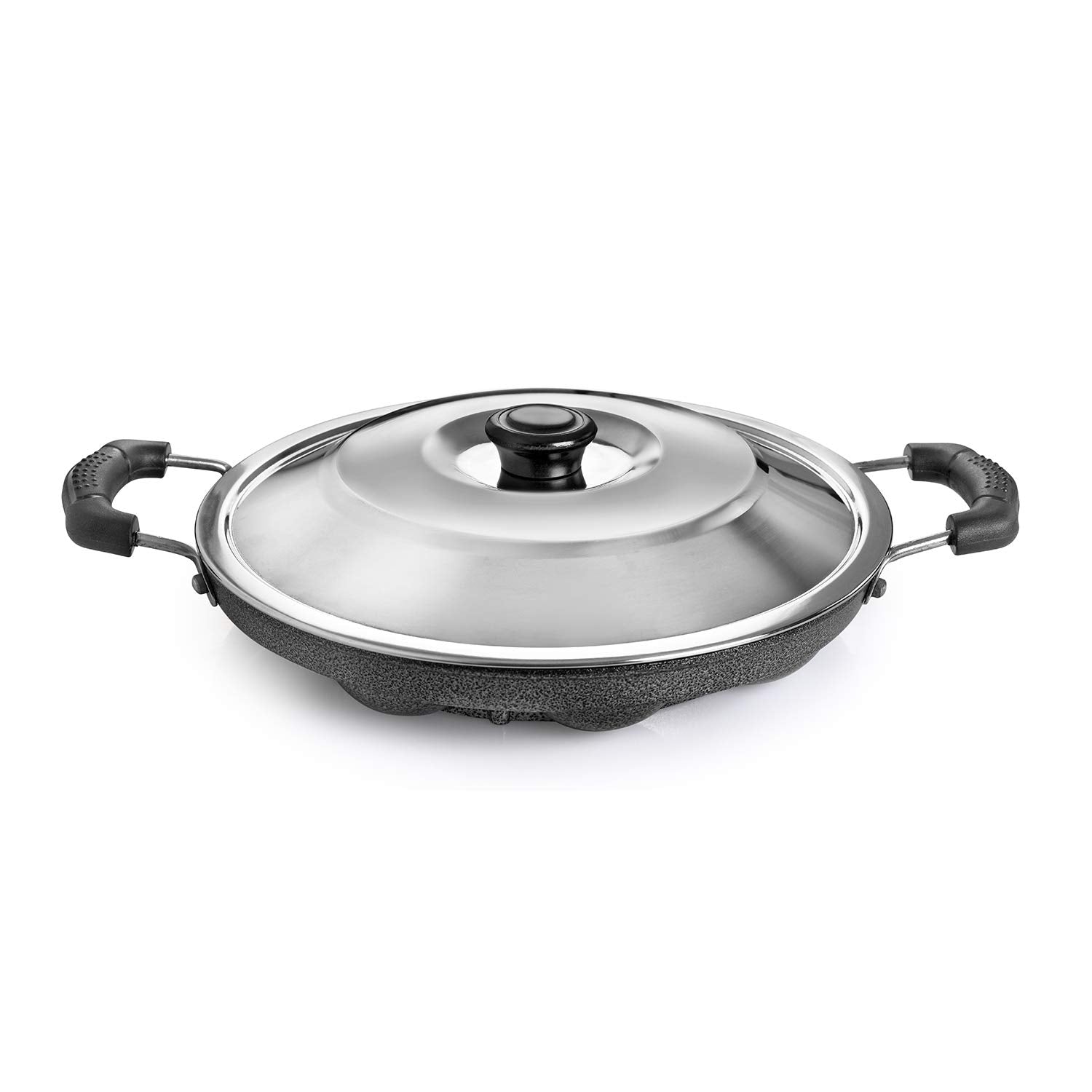 Cello Non-Stick 12 Cavity Grill Appam Patra 2 Side Handle with Stainless Steel Lid | Appam Maker