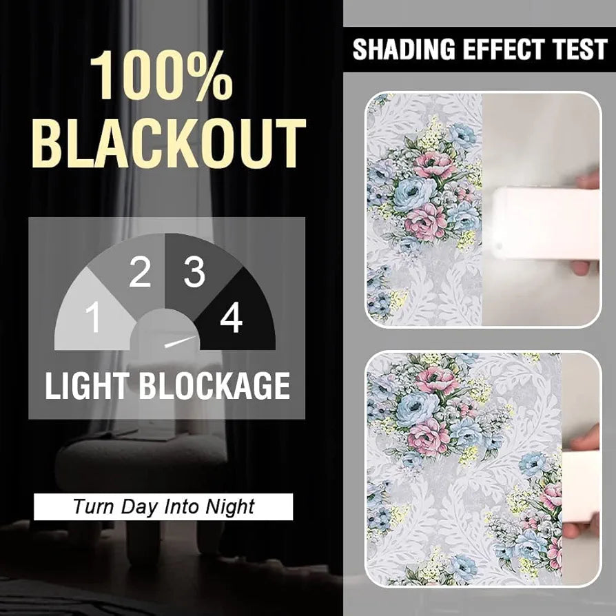 Cloth Fusion Blackout Printed Premium Window Curtains 5 Feet Long Set of 2 Ivory Bouquet