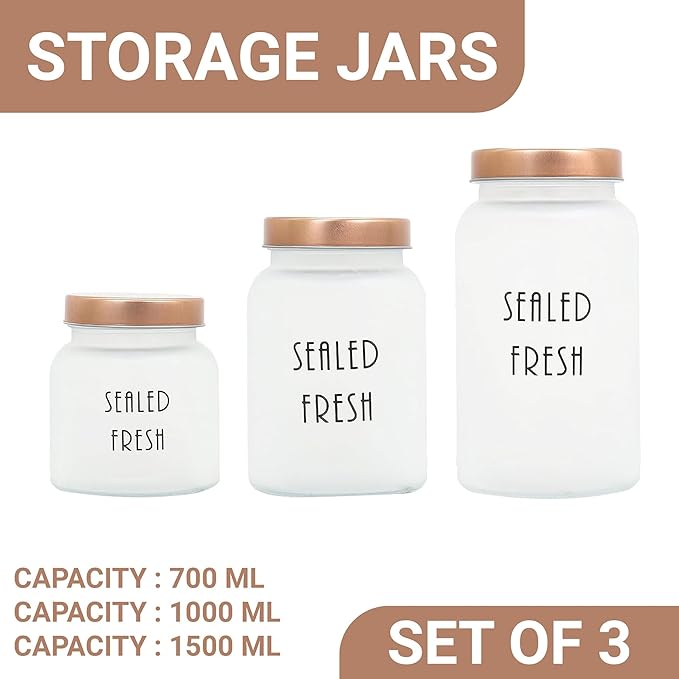 Femora Kitchen Storage Jars Frosted Glass Jar With Steel Lid Air Tight Jar | Pack of 3