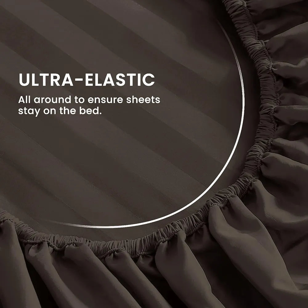 Cloth Fusion Elastic Fitted Glace Cotton Satin Striped Bedsheet Single Size with 1 Pillow Cover Dark Brown