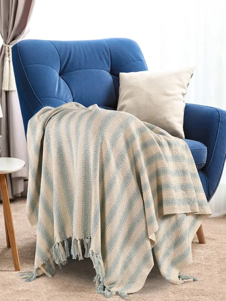Sashaa World Striped Sofa Throw Medium with Tasselled Edges Colour Ice Blue