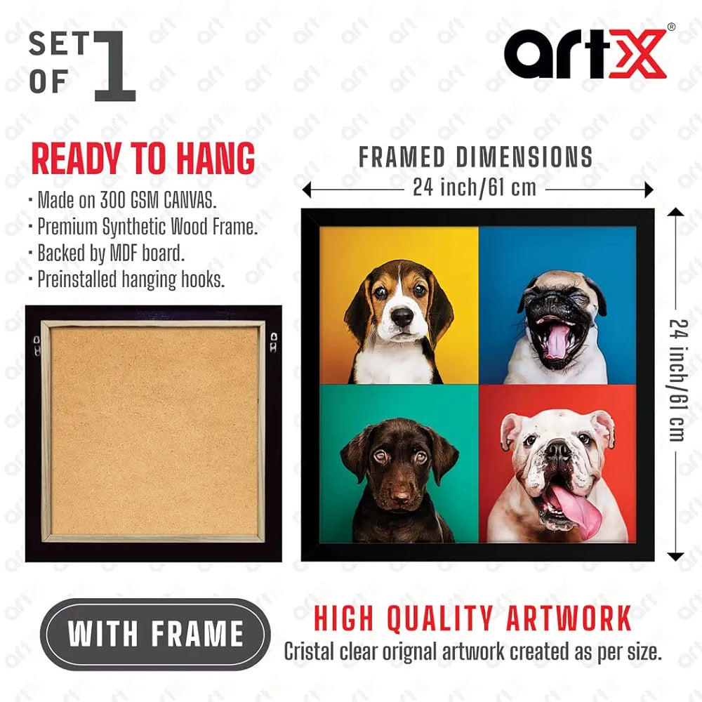 ArtX Four Dog Popart Big Canvas Painting For Bedroom and Living Room With Frame