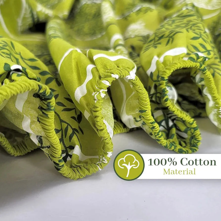 Divine Casa 144 TC Floral Green 100% Cotton Elastic Fitted Bedsheets King Size with 2 Pillow Covers Colour Green