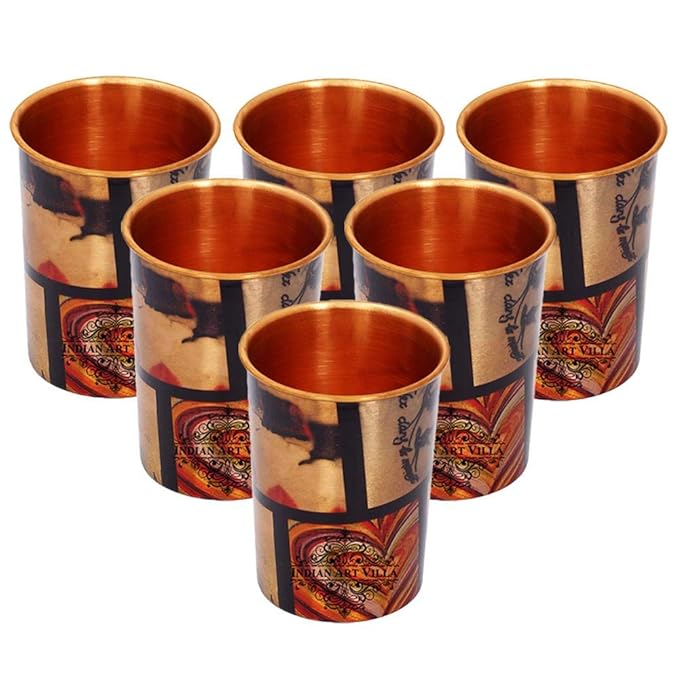 Indian Art Villa Printed Designer Copper Glasses Tumbler Cup (Pack of 6)
