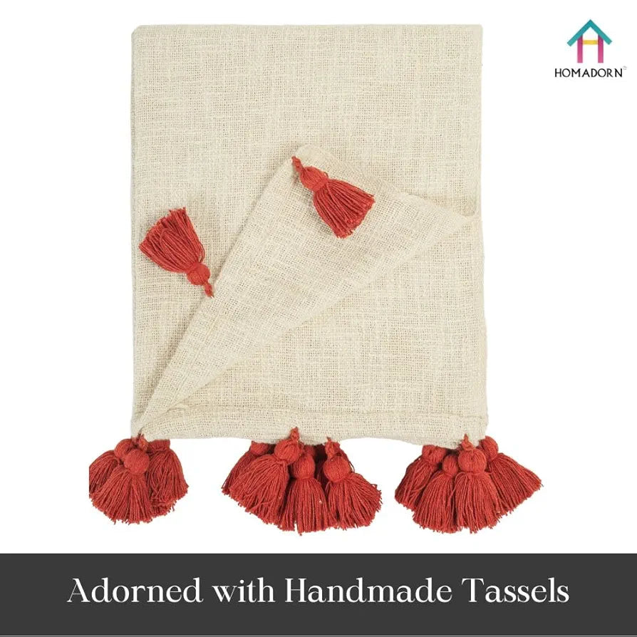 Homadorn 100% Cotton Off White Throw Blanket with Handmade Colorful Tassel Colour Rust