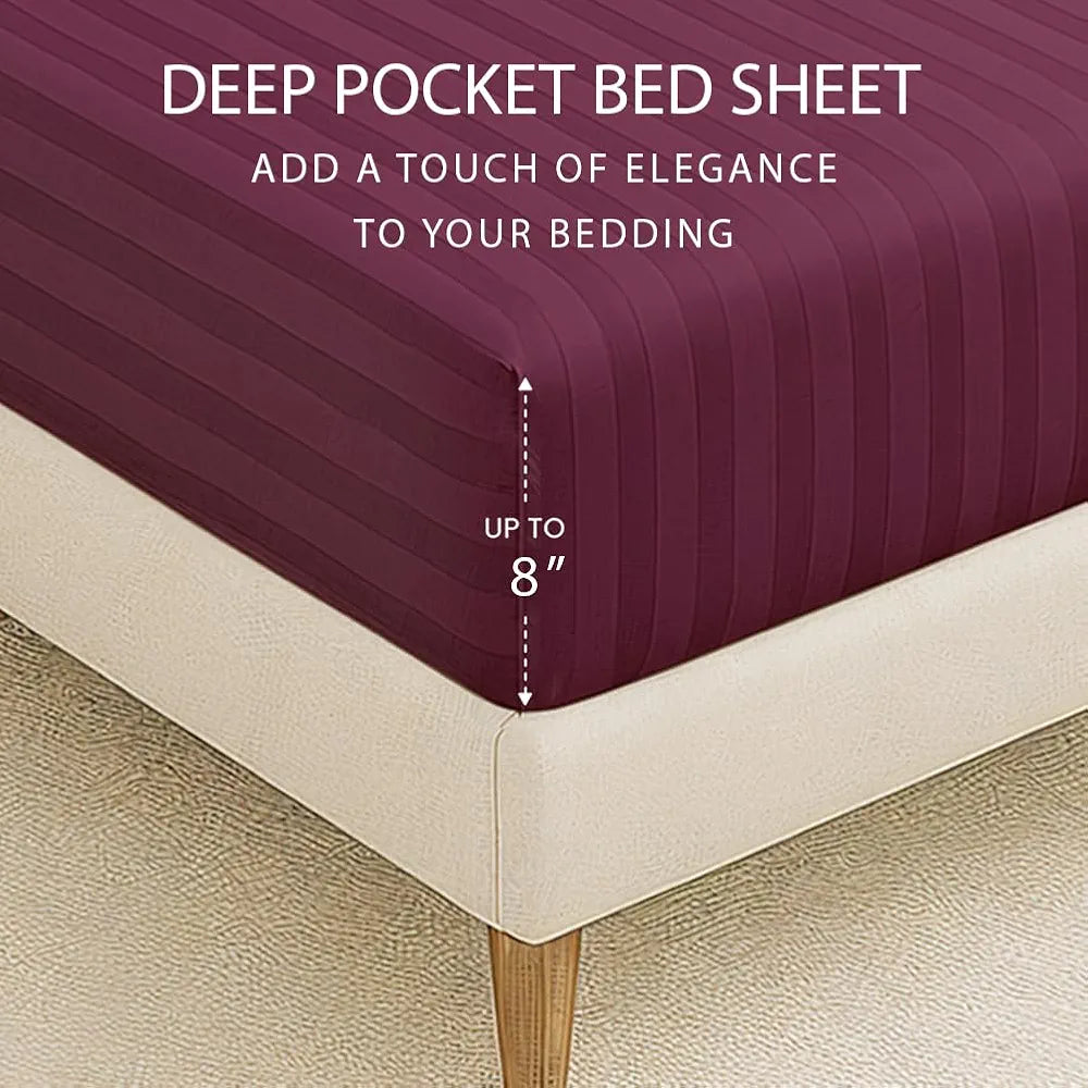Cloth Fusion Elastic Fitted Glace Cotton Satin Striped Bedsheet Queen Size with 2 Pillow Covers Wine