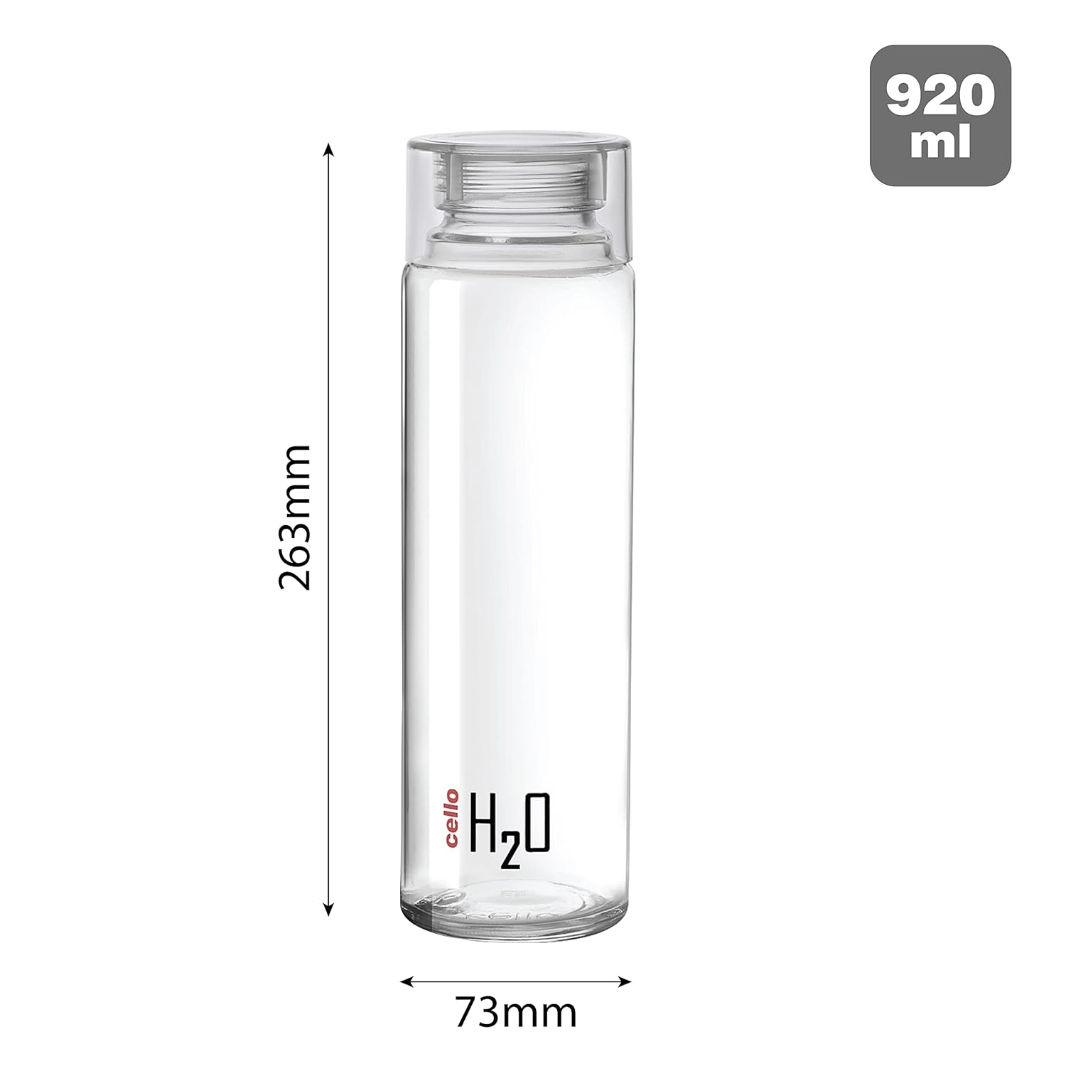 Cello H2O Glass Fridge Water Bottle with Plastic Cap | 920 ml | Set of 3 | Clear