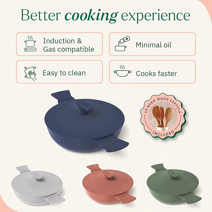 Ember Cookware Arcilla Ceramic Non Stick Kadai 24cm | Metallic Lid | Matching Handles | Florence Series | Blue