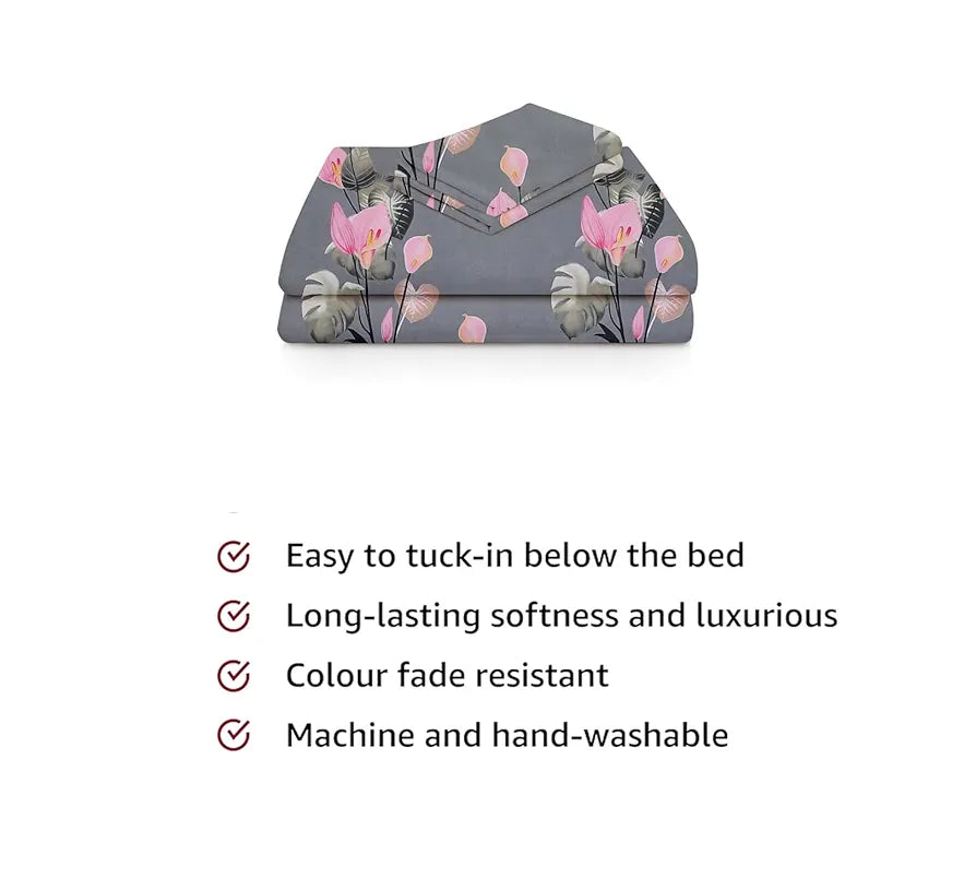 BSB HOME Premium Forever Modern Style Microfiber Floral Pattern 1 Single Size Bed bedsheet and 1 Pillow Cover Light Grey & White