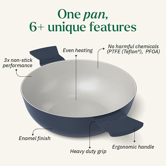 Ember Cookware Arcilla Ceramic Non Stick Kadai 24cm | Metallic Lid | Matching Handles | Florence Series | Blue