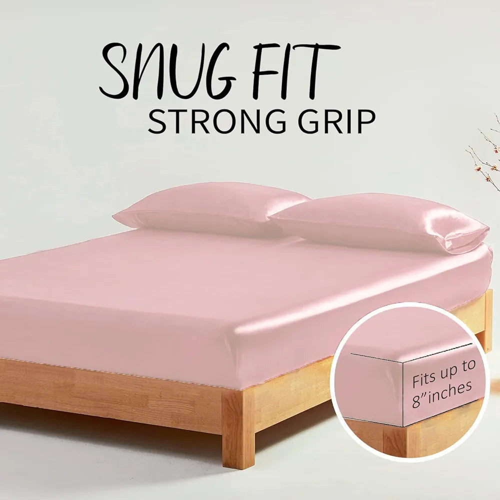 Cloth Fusion Satin Elastic Fitted Bedsheets Double Bed Luxury Queen Size Bed Sheet with 2 Pillow Covers Baby Pink