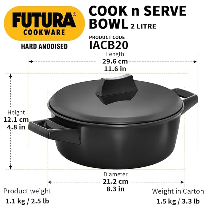 Hawkins Aluminium Futura 2 Litre Cook N Serve Bowl Hard Anodised Saucepan and Lid