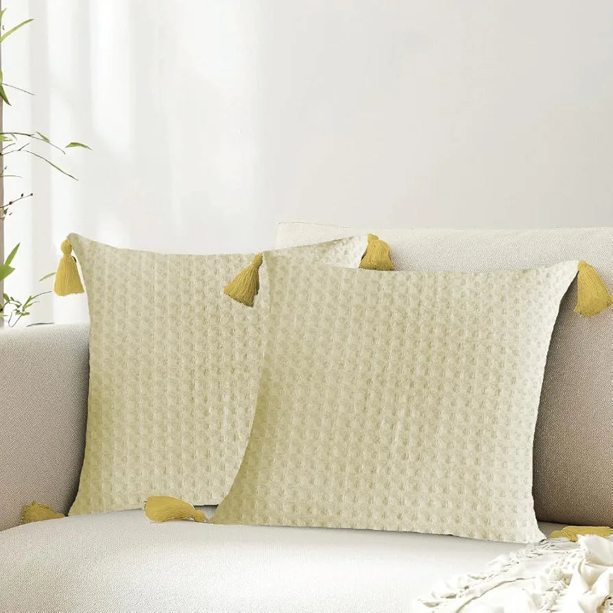 Urban Space Waffle Cotton Cushion Cover Set of 2 Cushion Covers for Sofa, Bedroom, Living Room Waffle Beige