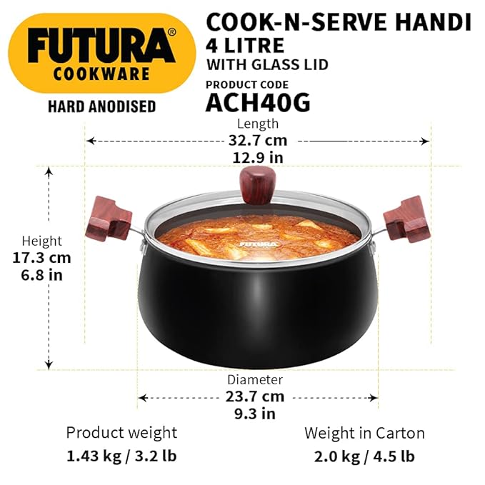 Hawkins Futura 4 Litre Cook n Serve Handi, Hard Anodised Biryani Handi with Glass Lid