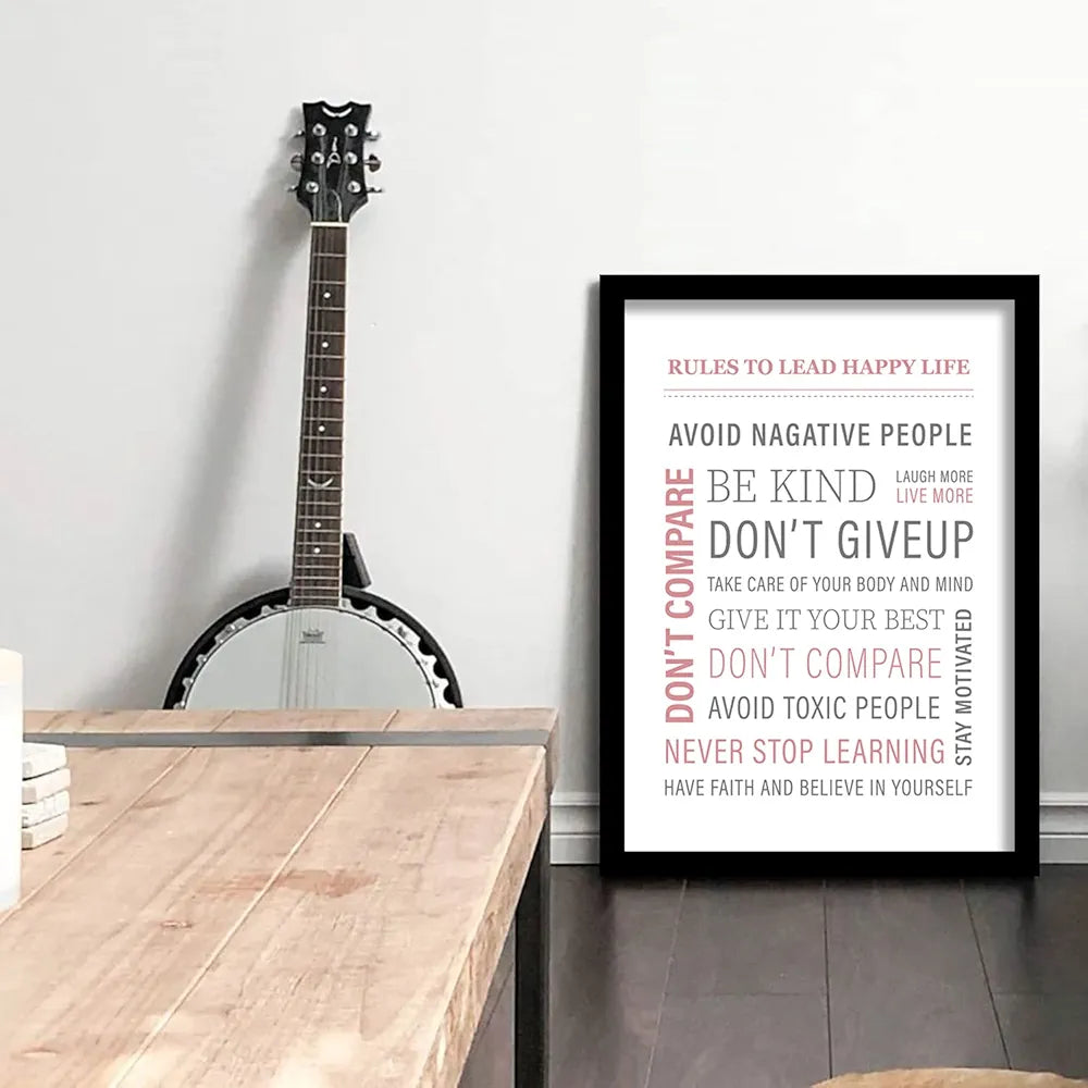 Kotart Happy Life Quotes Wall Poster for Room Home Wall Decor Typographic Design Framed Posters