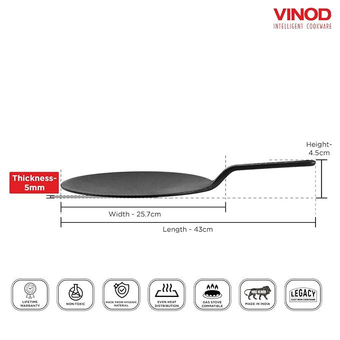 Vinod Legacy Pre Seasoned Cast Iron Roti/Chapati/Phulka Tawa with Handle - 26 cm | Naturally Non Stick Tawa