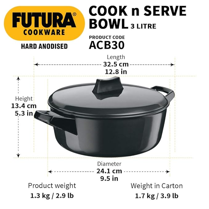 Hawkins Futura 3 Litre Cook n Serve Bowl Hard Anodised Saucepan with Hard Anodised Lid