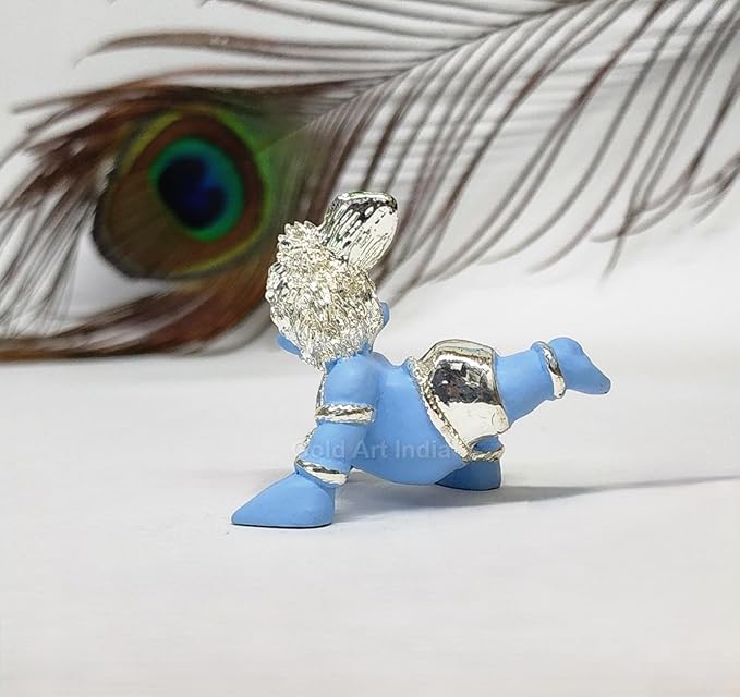 Gold Art India Silver Plated Laddu Gopal Idol with Blue Terracotta Lord Krishna Bal Gopal Office Desk Small