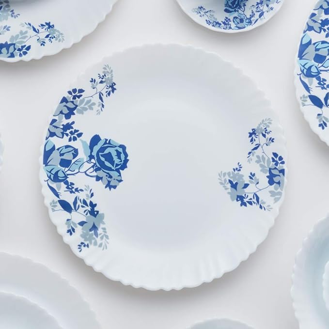 Larah by Borosil Blue Cascade Opalware Dinner Set | 13 -piece | White