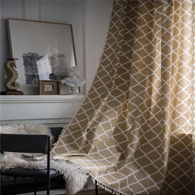Huesland Cotton Curtains for Windows, 5 Feet Long 1 Bohemian Eyelet Curtain | Quatrefoil Light Brown