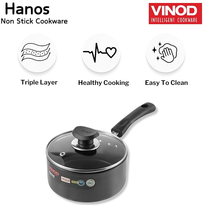 Vinod Hanos Hard Anodised Non Stick Saucepan with Lid - 1.7 Litre, 16 cm | 3.25mm Thick | 5X Long Lasting