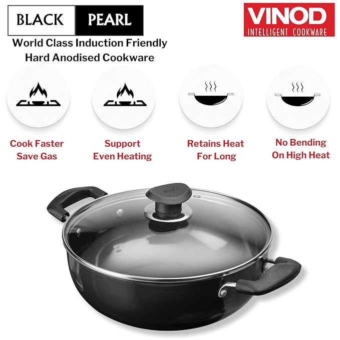 Vinod Black Pearl Hard Anodised Non Stick Deep Kadhai with Glass Lid - 4.1 LTR, 26 cm | 3.25mm Thickness | kadai for Cooking
