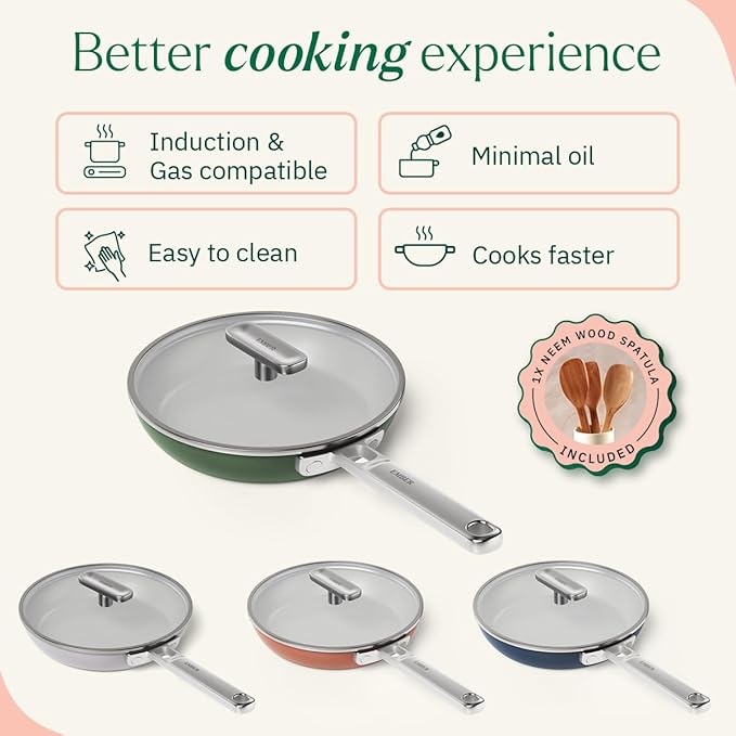Ember Cookware Arcilla Ceramic Non-stick Egg Pan 20cm | Glass Lid | Stainless Steel Handle | Green