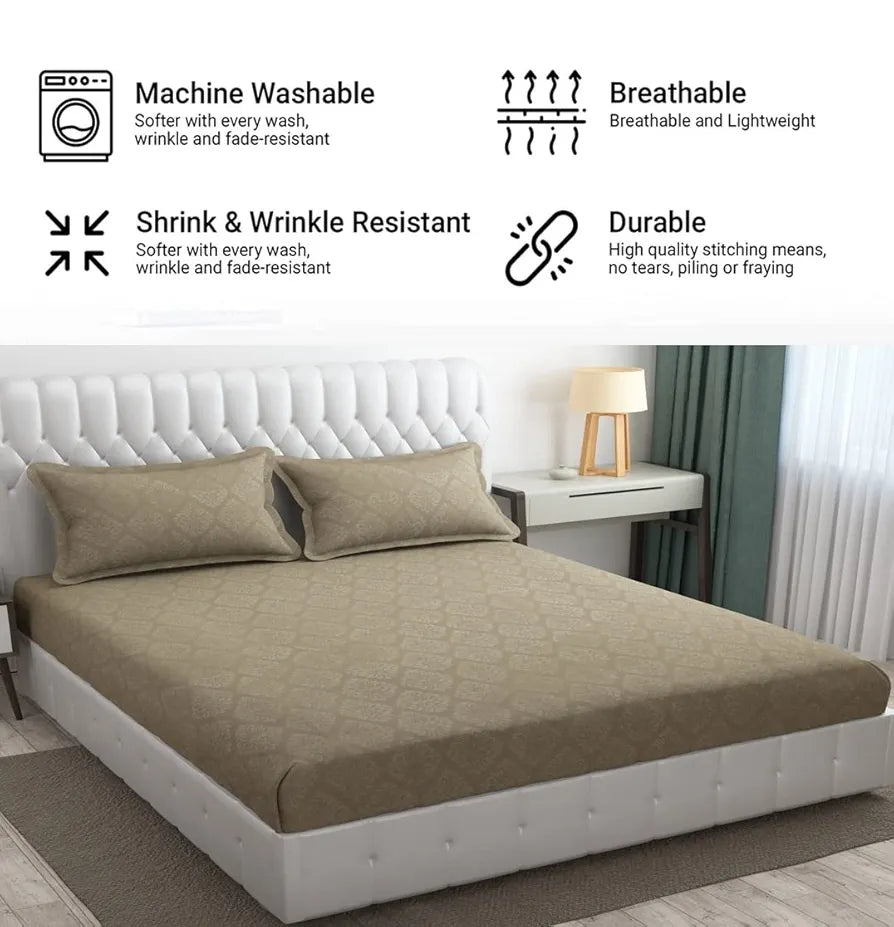 Fresh From Loom Double Bedsheet King Size Microfiber Rotary Printed With 2 Pillow Covers 144 TC Dark Beige Damas