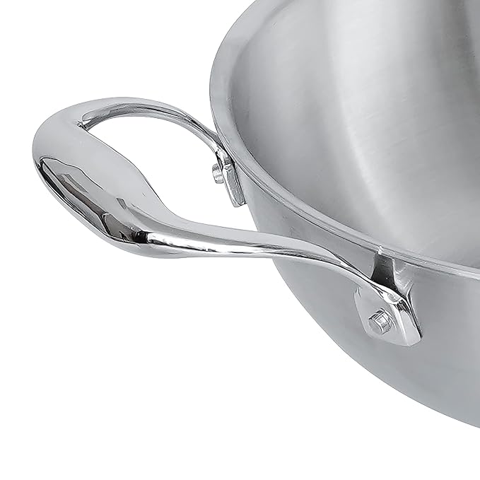 Femora Stainless Steel Tri-ply Healthy Cooking Induction Safe, Stain Resistant, Zero Coating Deep Frying Kadhai Pan | Silver | 2 Litres | 22cm