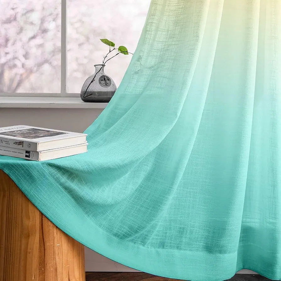 Homadorn Ombre Printed Linen Textured Sheer Curtains Yellow + Sky