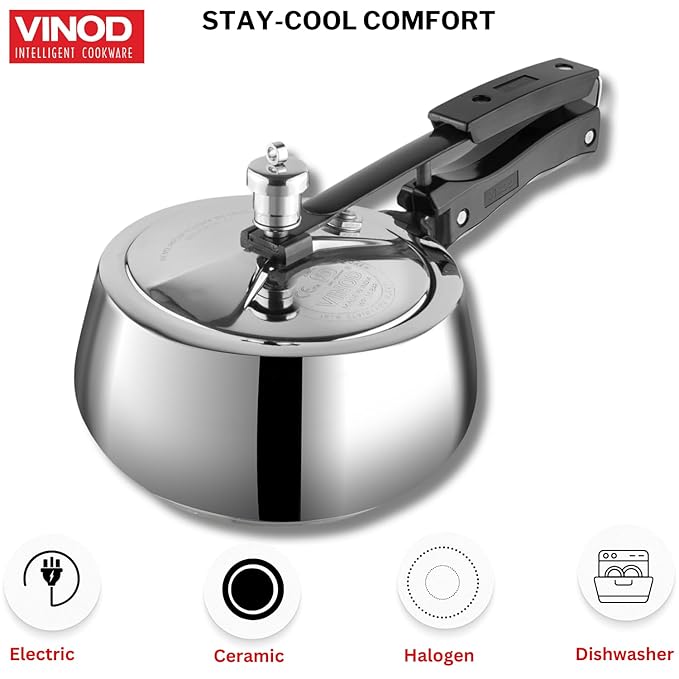 Vinod Europa Stainless Steel Inner Lid Pressure Cooker - 2 Litre | Handi Shape | Sandwich Bottom Cooker