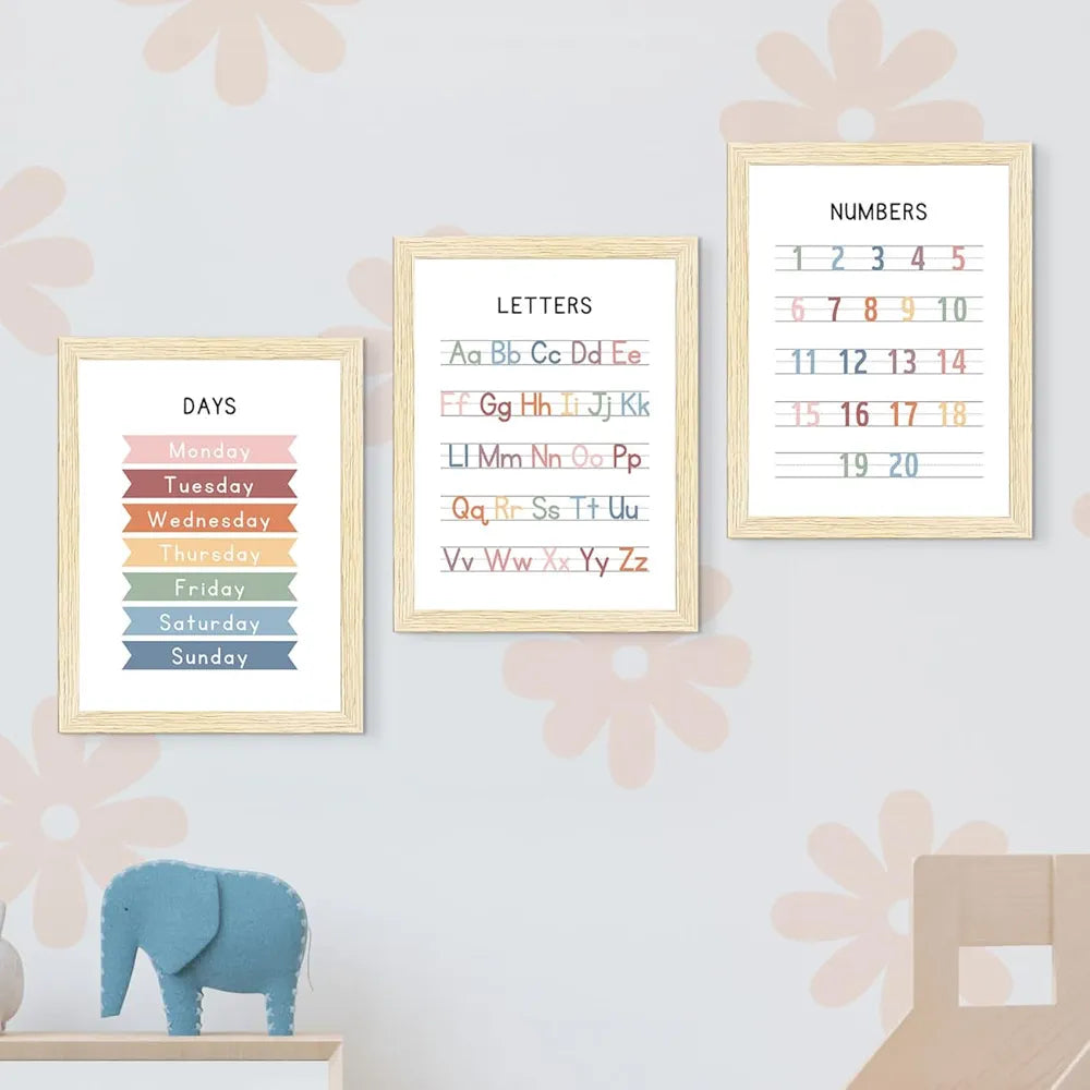 ArtX Paper Educational-01 Alphabets Numbers Colors Shapes Days Months Framed Wall Posters Kids Room Wall Frame Set Of 6