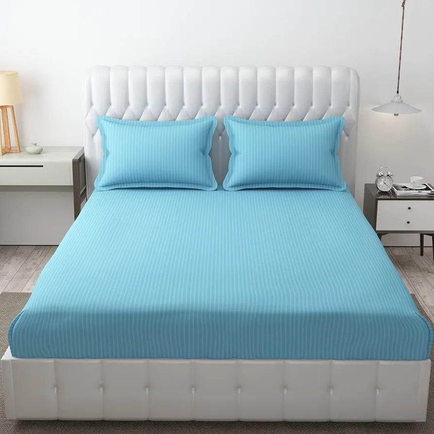 Fresh From Loom Soft Skin Safe Breathable Queen Size Flat Striped Bedsheets Hotel & Home Double Bedsheet Set with 2 Pillow Covers 144 TC Aqua
