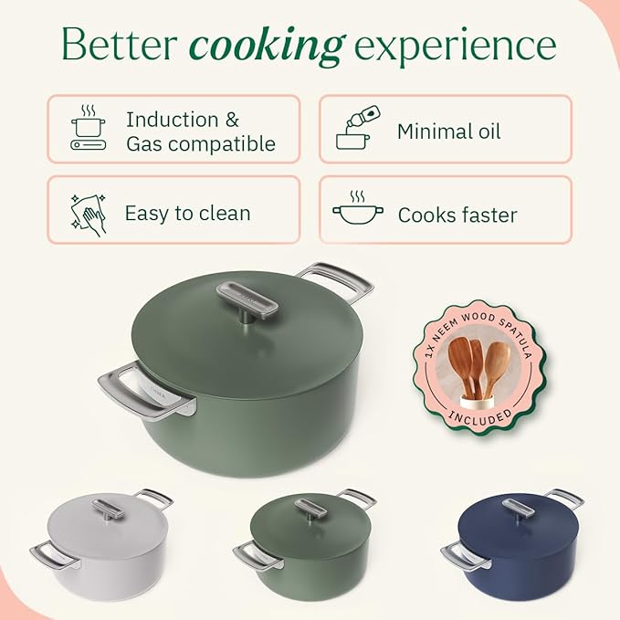 Ember Cookware Arcilla Ceramic Non Stick Dutch Oven 24cm | Metallic Lid | Stainless Steel Handles | Non Toxic Biryani Pot | Green