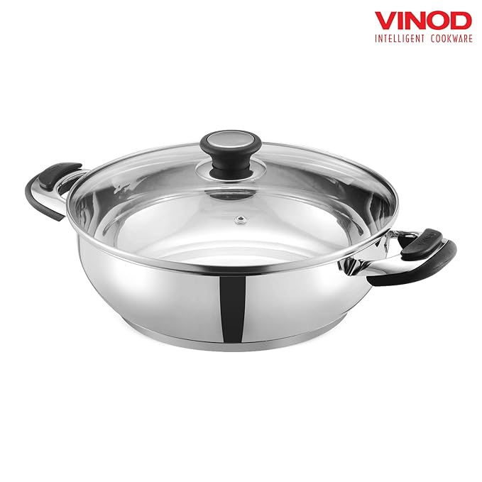 Vinod Durban Stainless Steel Kadhai with Glass Lid 1.7 Litre (20 cm) | 6.2mm Thick | Kadhai for Deep Frying | Induction and Gas Base