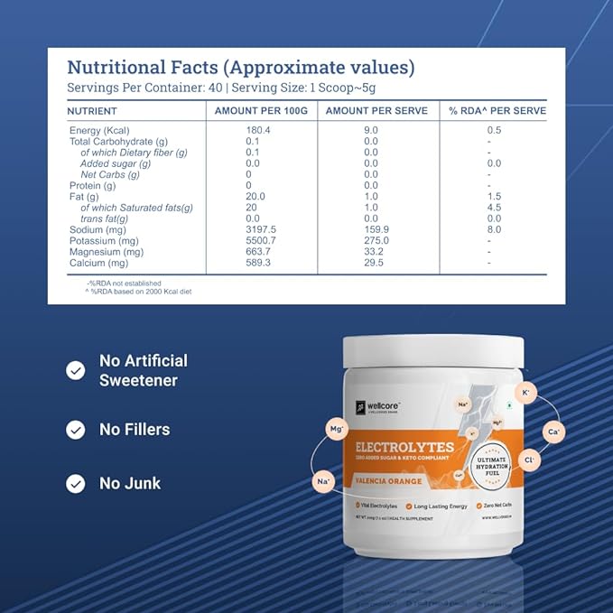Wellcore-Electrolytes Orange Electrolyte Drink Powder - 200 gms