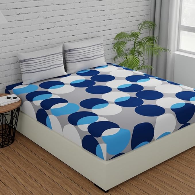 Huesland by Ahmedabad Cotton 144 TC Bedsheet for King Size Bed with 2 Pillow Covers | Bubble Drop | Blue, Grey & White