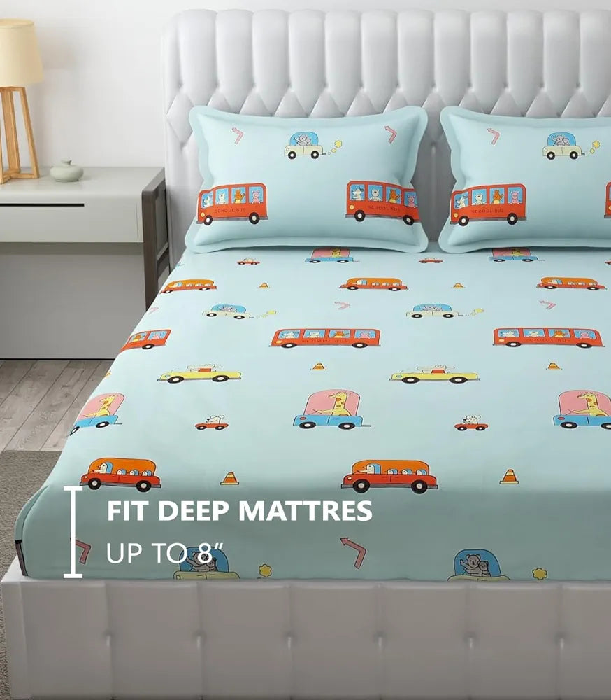 Fresh From Loom 300 TC Glace Cotton Soft Hypoallergenic Elastic Fitted Bed Sheet with 2 Pillow Cover Aqua Bus Queen
