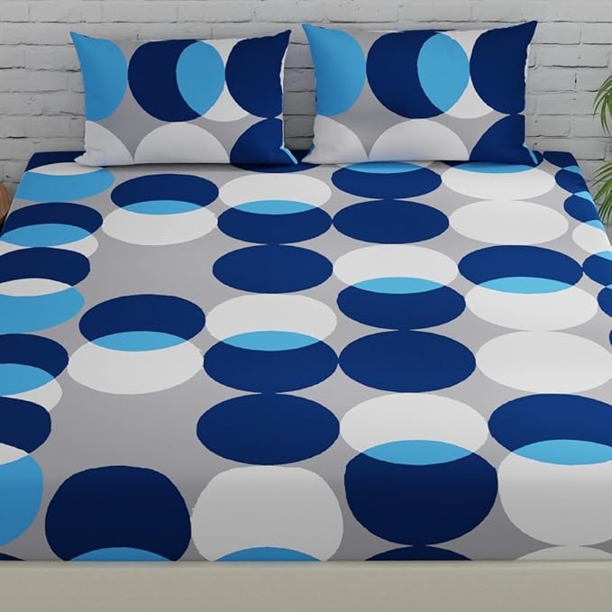 Huesland by Ahmedabad Cotton 144 TC Cotton Bedsheets for King Size Bed with 2 Pillow Covers | Bubble Drop | Blue & Grey