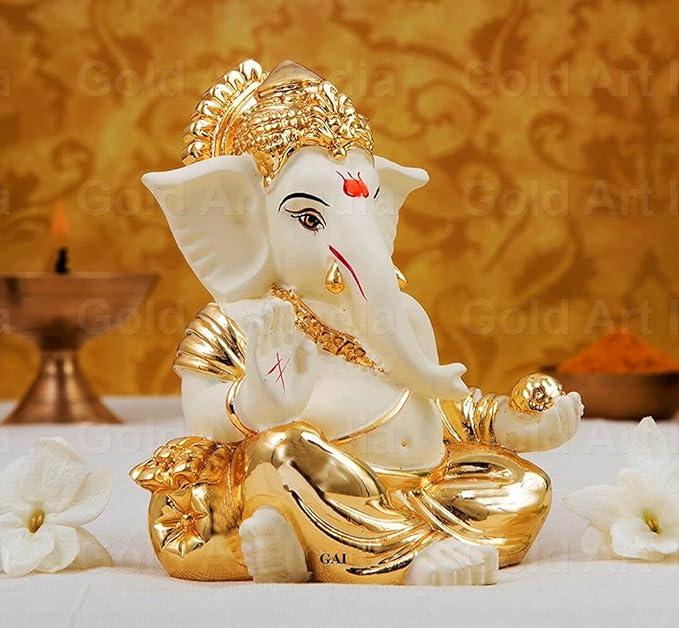 Gold Art India Gold plated gaddi Ganesh Idol For Car Dashboard Ganesha Murti Ganpati Idol For Home Decor