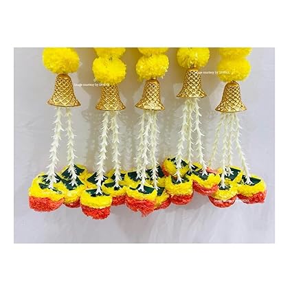 Marigold Fluffy Flowers with Bell and Tuberoses Colour Dark Orange & Yellow Mix - 4 Pieces