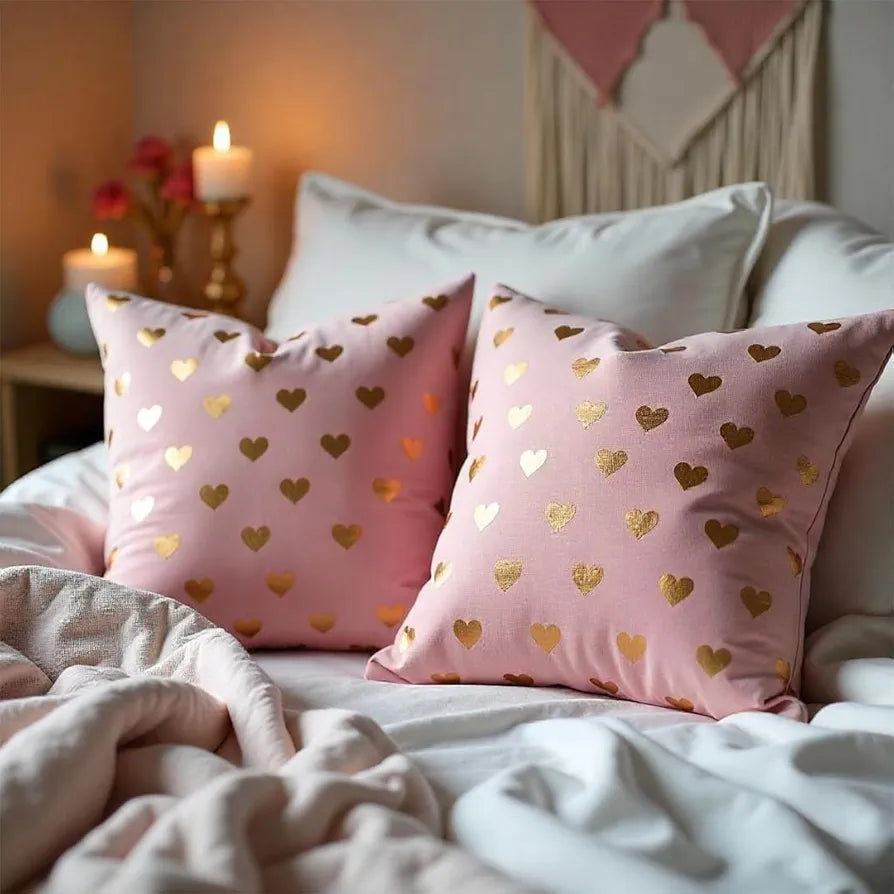 Urban Space Decorative Velvet Gold Foil Heart Cushion Cover Set of 2 Cushion Covers for Sofa, Bedroom, Living Room Heart of Gold Pink