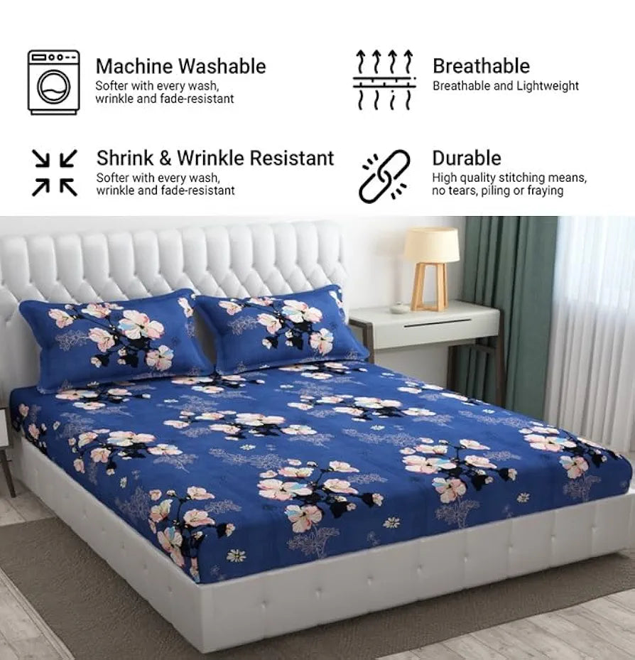 Fresh From Loom Rotary Printed King Size Double Bedsheet Bed Sheets With 2 Pillow Covers 144 TC Blue Denim