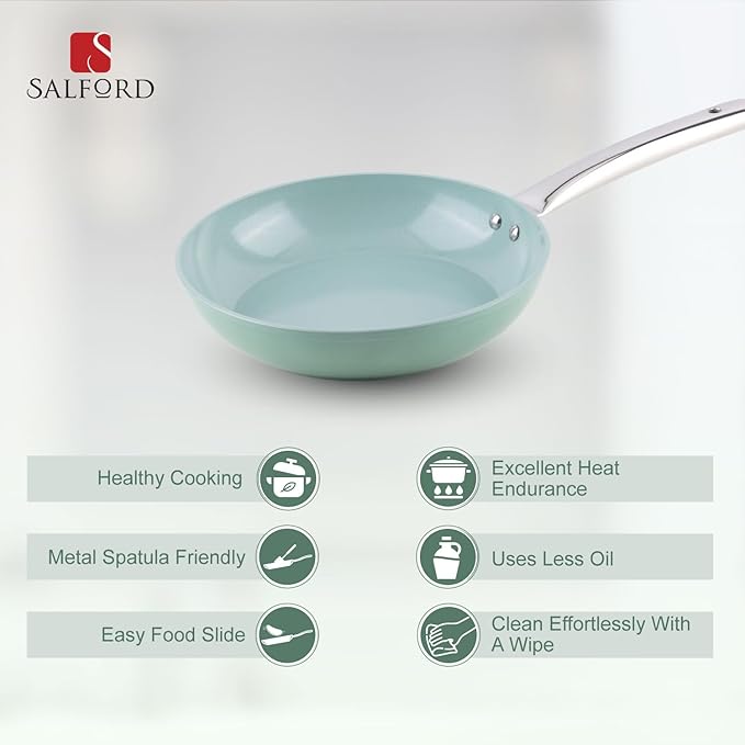 Salford Forged Ceramic Non-stick Frypan With Tubular Ss Handle | Induction & Gas Ready | Green | 240mm | 1.85 Litre