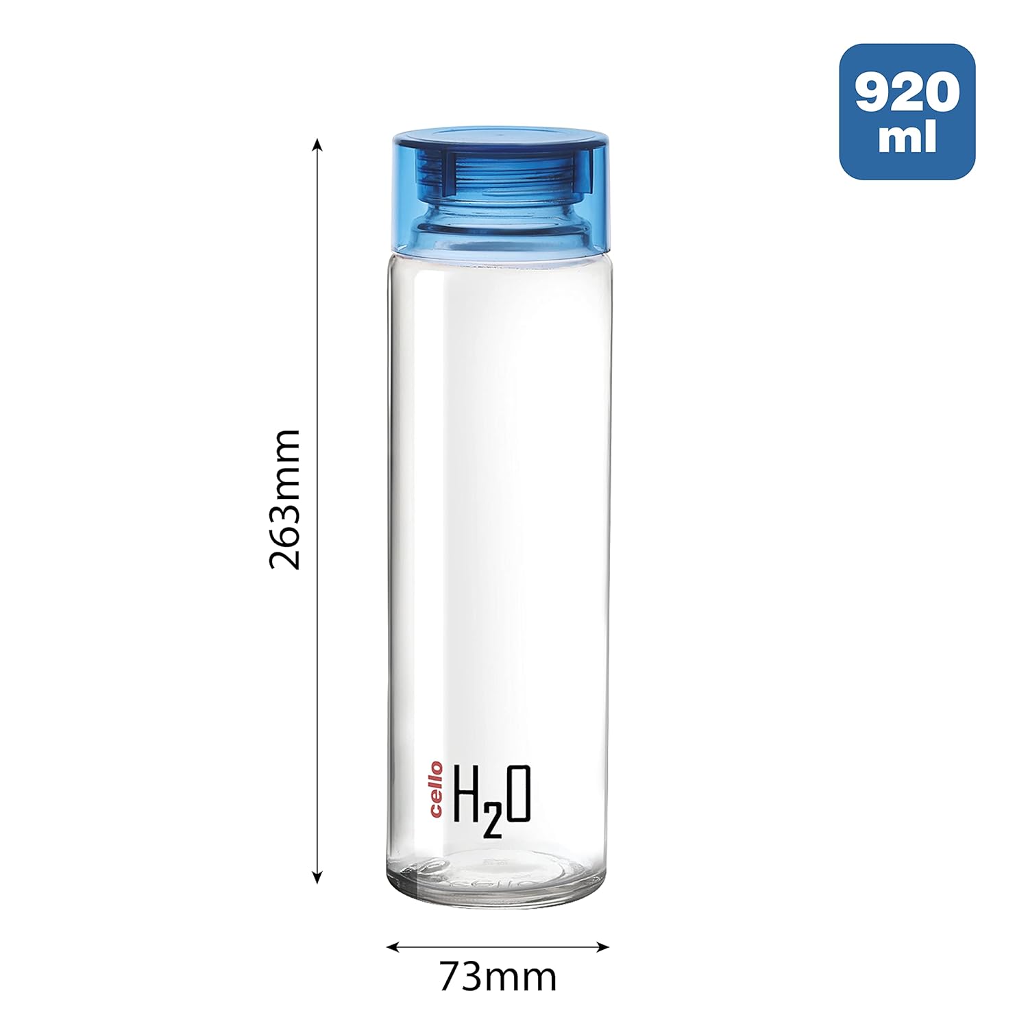Cello H2o Glass Fridge Water Bottle With Plastic Cap | 920 ml | Blue
