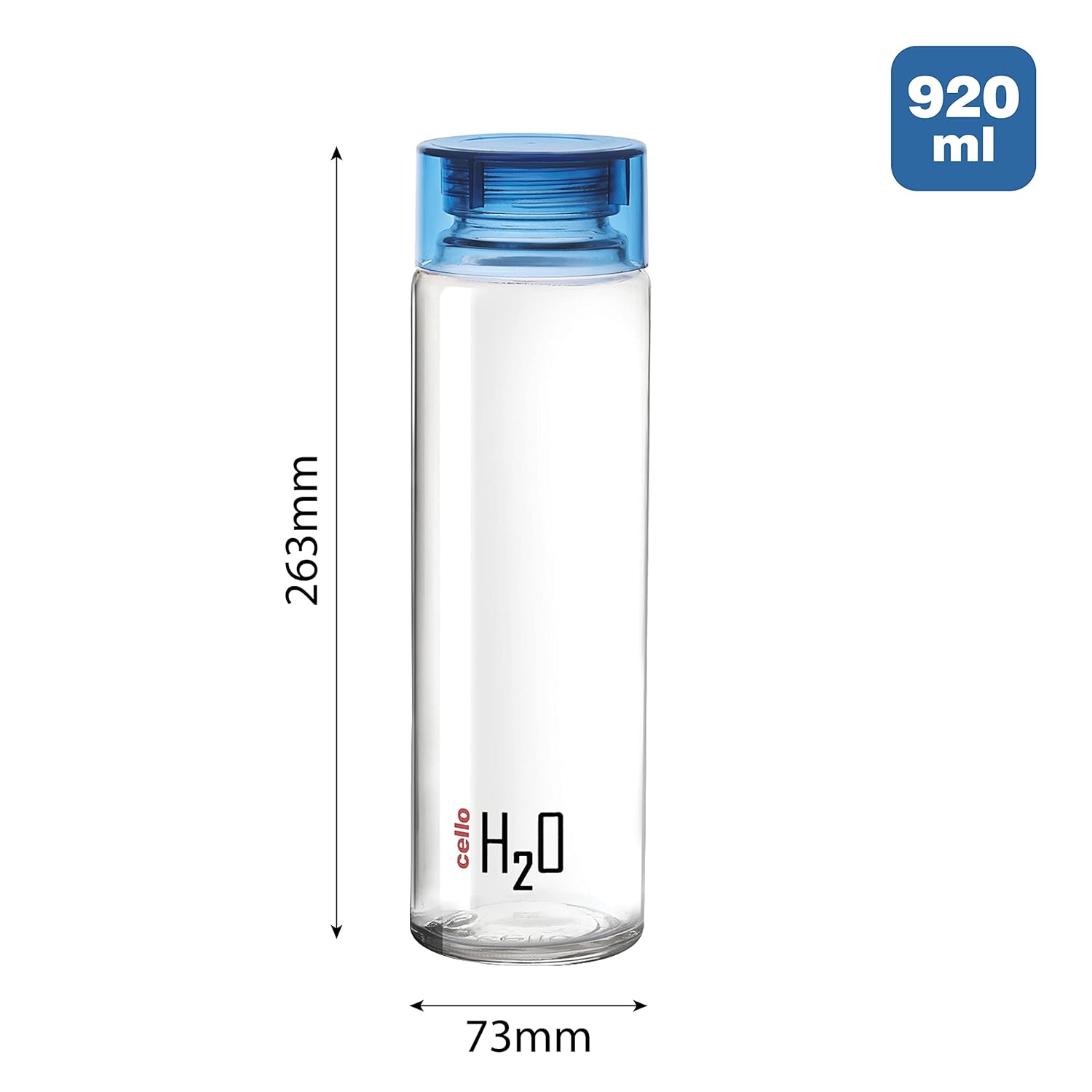 Cello H2O Glass Fridge Water Bottle with Plastic Cap | 920 ml | Set of 3 | Blue
