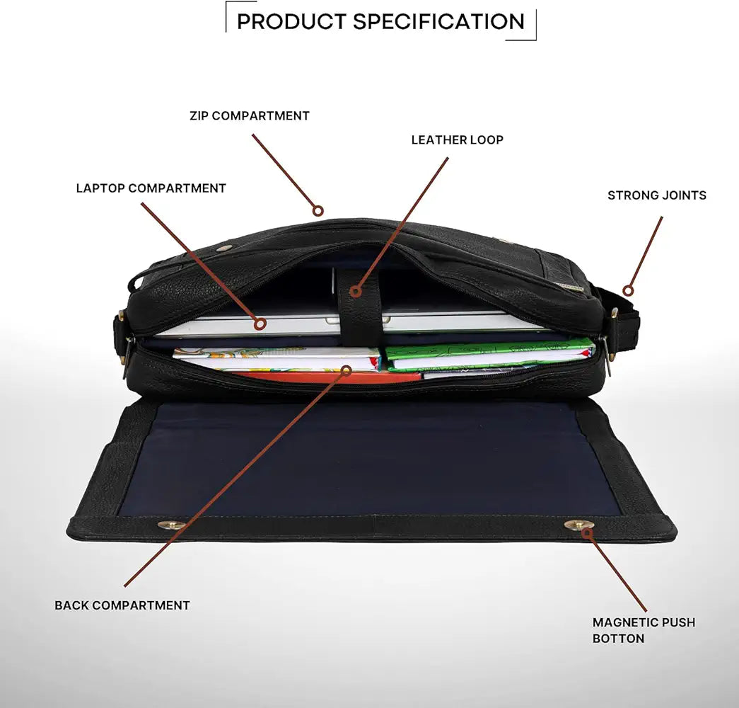 WildHorn Leather Messenger Bag for Men/Office Bag for Men I Padded Laptop Compartment with Adjustable Strap I DIMENSION : L-15 inch W-3 inch H-12 inch